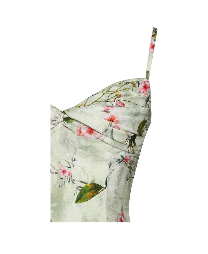 Miss Circle Women's Jacinda Green Floral Print Ruched Breast Linen Midi Dress