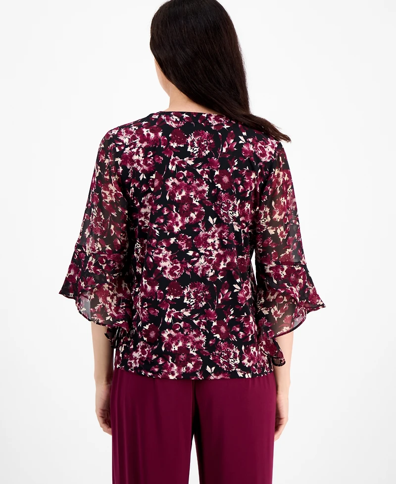 Ak Anne Klein Petite Floral-Print Bell-Sleeve Blouse