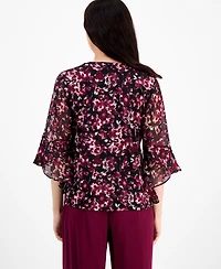 Ak Anne Klein Petite Floral-Print Bell-Sleeve Blouse