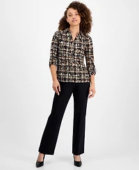 Ak Anne Klein Petite Printed 3/4-Sleeve Roll-Tab Collared Top