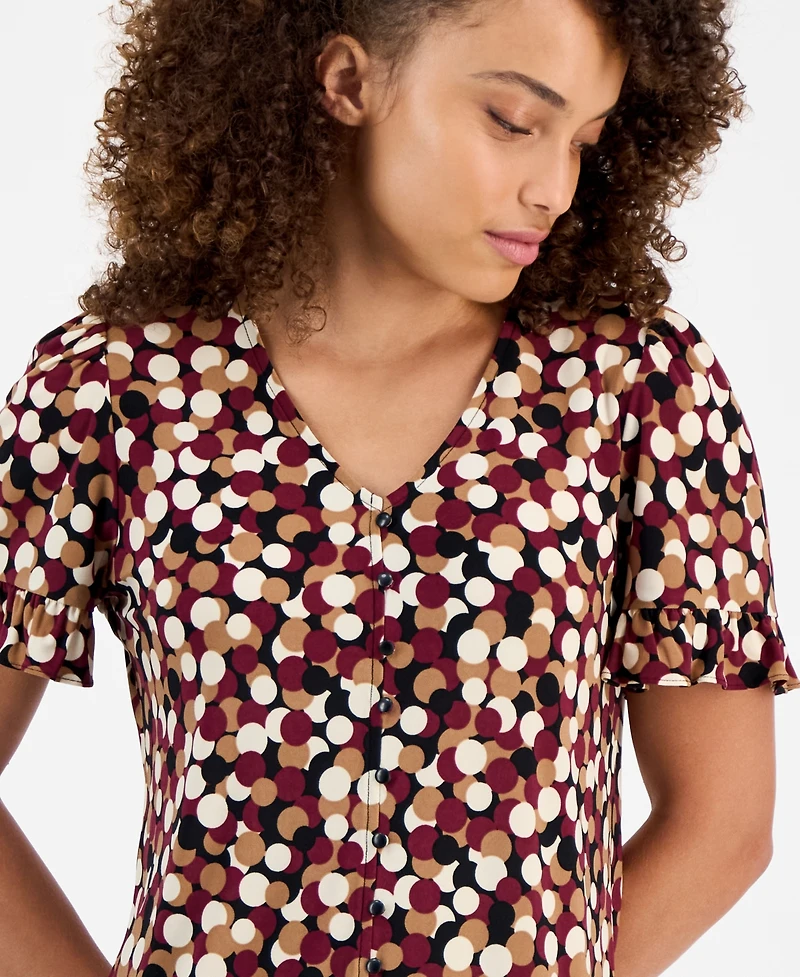 Ak Anne Klein Women's Printed Ruffle-Sleeve Button-Front Top
