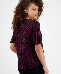 Ak Anne Klein Petite Printed Rolled-Sleeve Button-Front Top