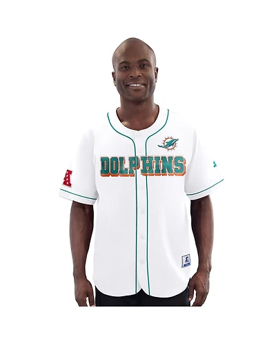 Starter Men's White Miami Dolphins Relay Full-Button Baseball Jersey