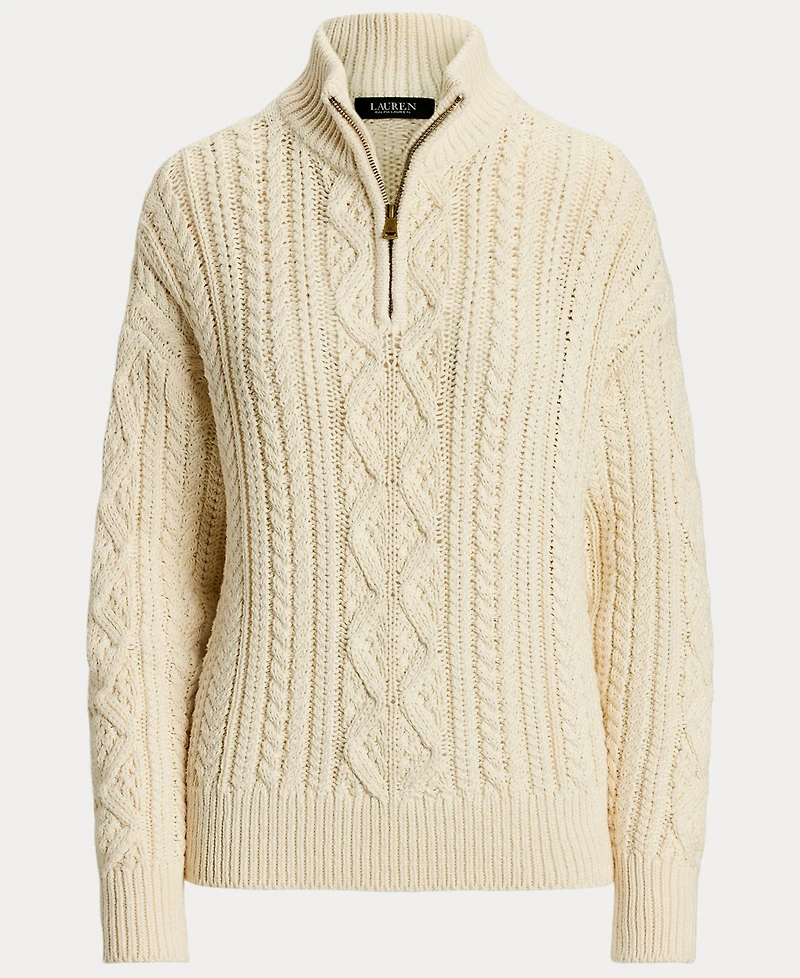 Lauren Ralph Women's Aran-Knit Cotton Quarter-Zip Pullover