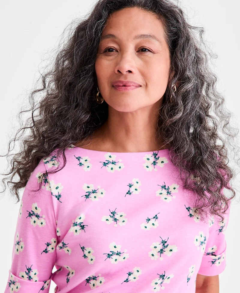 Style & Co Petite Floral Chintz Boat-Neck Elbow-Sleeve Top, Macy's Exclusive