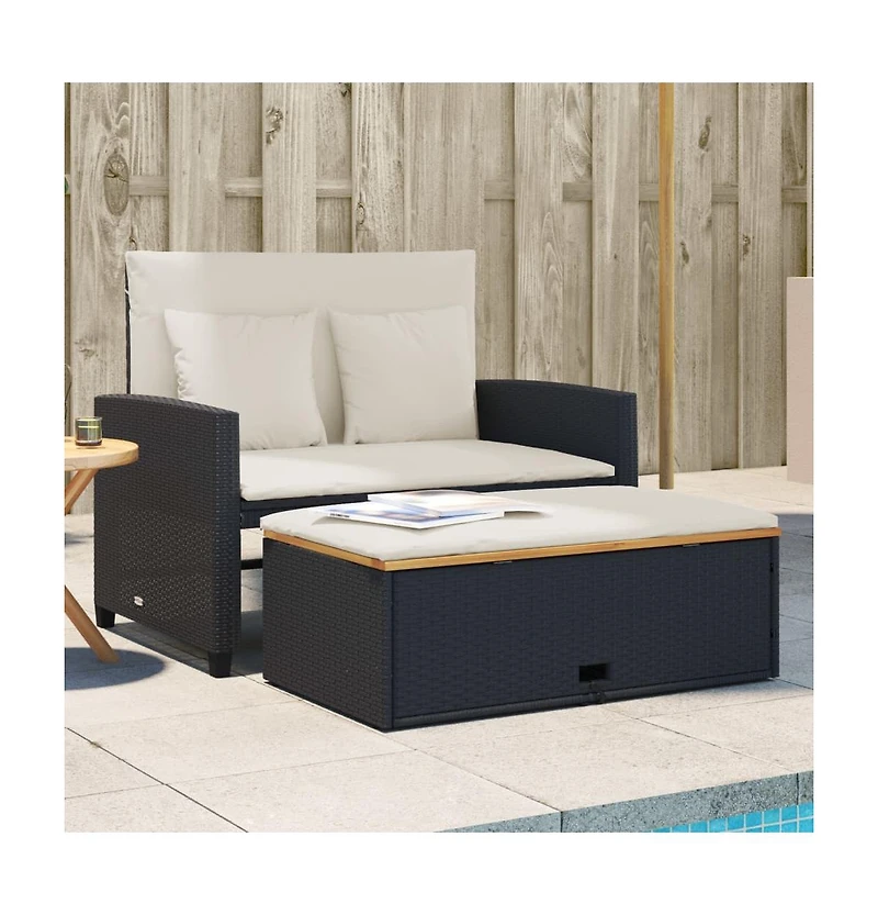 vidaXL Patio Sofa with Cushions 2-Seater Black Poly Rattan&Acacia Wood