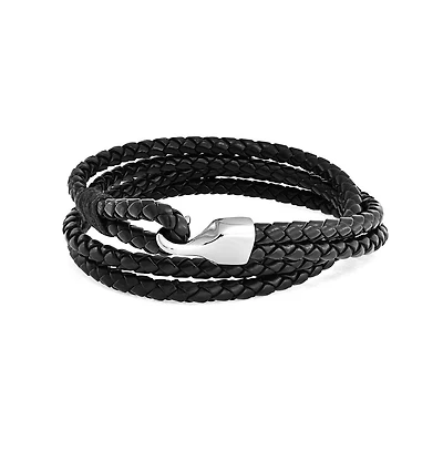 Bling Jewelry Black Leather Stackable Cuff Bracelet Stainless Hook Clasp Double Wrap Design