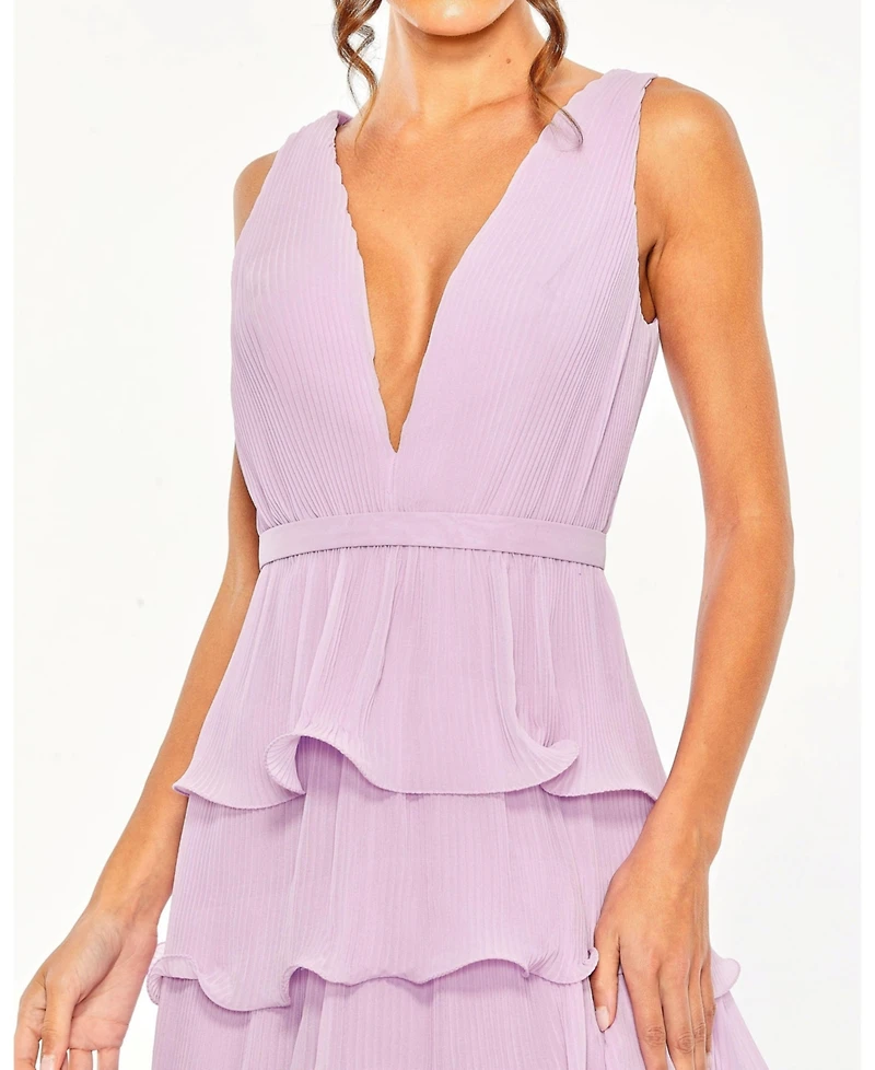 Mac Duggal Women's Deep V Chiffon Sleeveless Ruffle Midi Dress