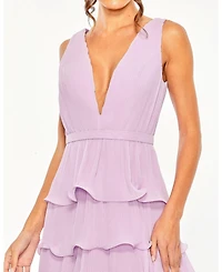 Mac Duggal Women's Deep V Chiffon Sleeveless Ruffle Midi Dress