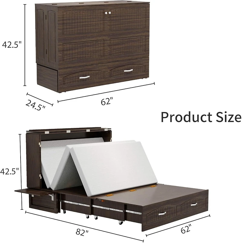 livelylodge Queen Murphy Bed Cabinet with Charging Station for Guest Room, Black Walnut Queen Hideaway Murphy Bed with Storage Drawer and Shelves