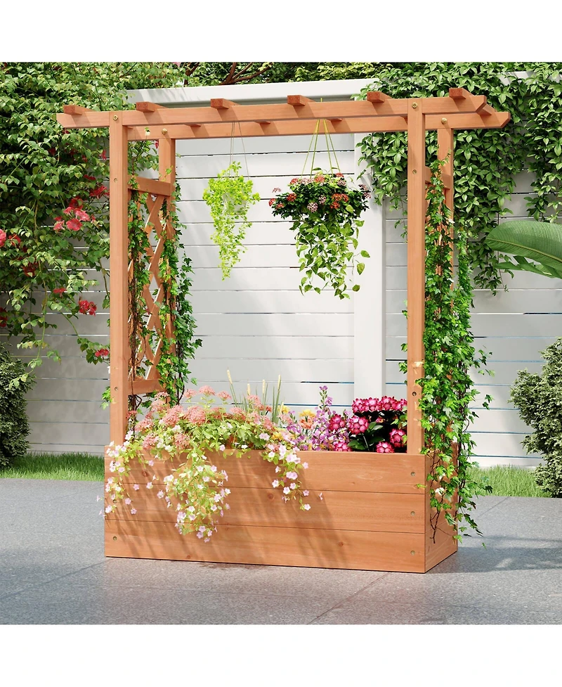 Costway 1 Pcs Wooden Raised Garden Bed with Trellis & Hanging Roof Drainage Elevated Planter Box