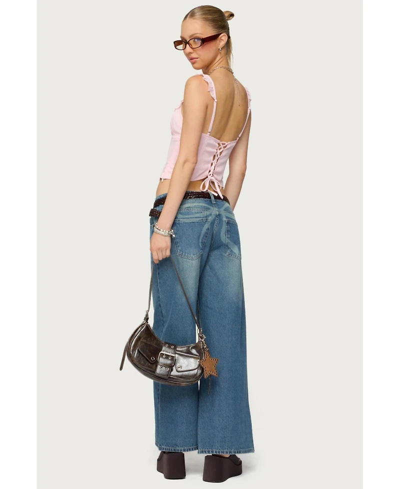 Edikted Womens Vyxen Vintage Washed Low Rise Jeans