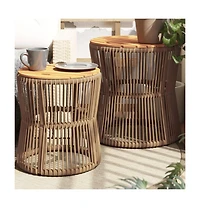 vidaXL Patio Side Tables 2 pcs with Wooden Top Beige Poly Rattan