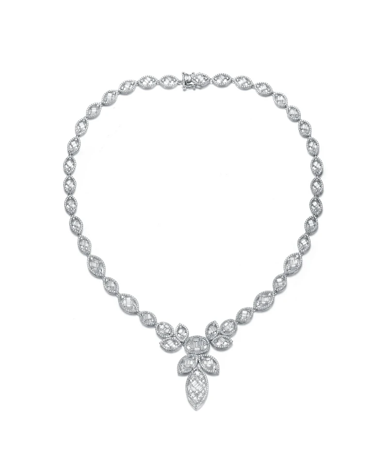 Rachel Glauber White Gold Plating with Clear Cubic Zirconia Floral Motif Necklace