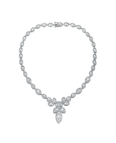 Rachel Glauber White Gold Plating with Clear Cubic Zirconia Floral Motif Necklace