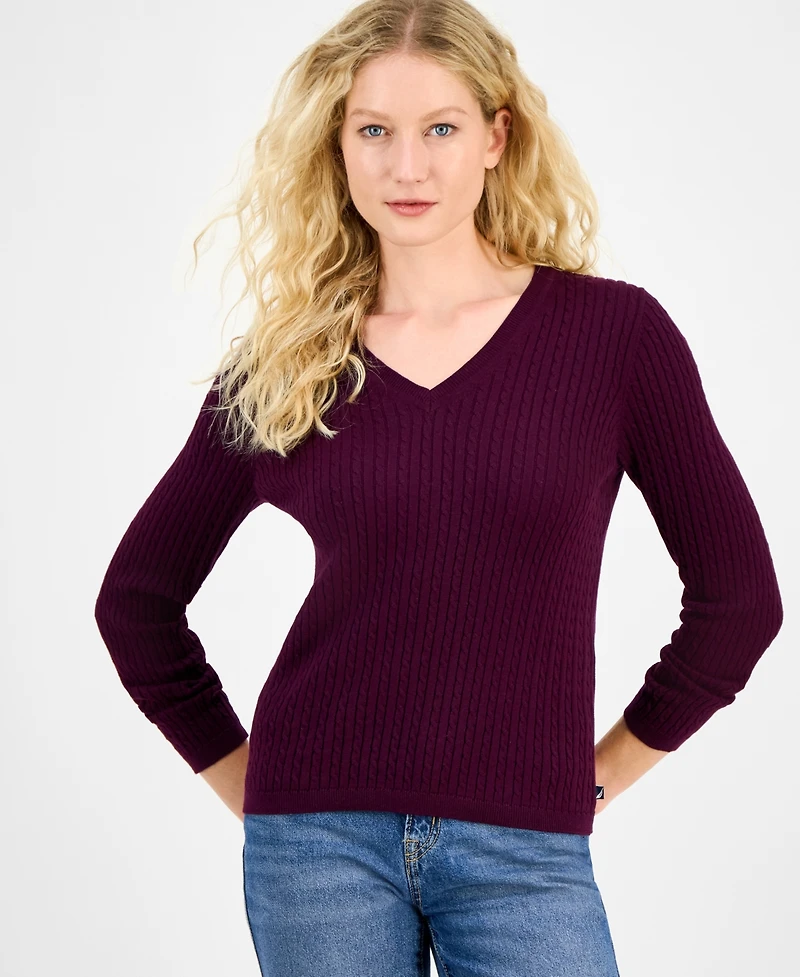 Nautica Jeans Women's V-neck Cable Knit Sweater, Online Only