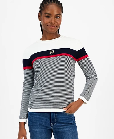 Tommy Hilfiger Women's Cotton Logo Striped Sweater