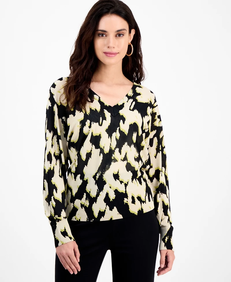I.n.c. International Concepts Petite Printed Double-v-Neck Long-Sleeve Top, Macy's Exclusive