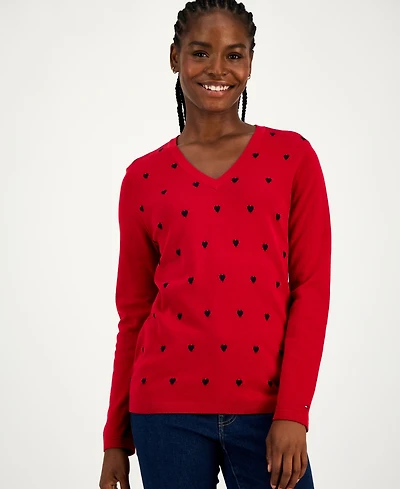 Tommy Hilfiger Women's Cotton Heart V-Neck Sweater