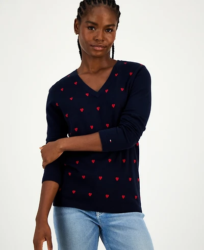 Tommy Hilfiger Women's Cotton Heart V-Neck Sweater