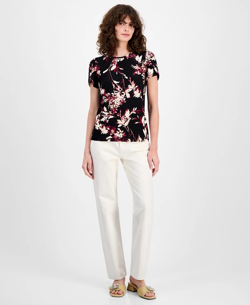 Ak Anne Klein Women's Floral-Print Tulip-Sleeve Top