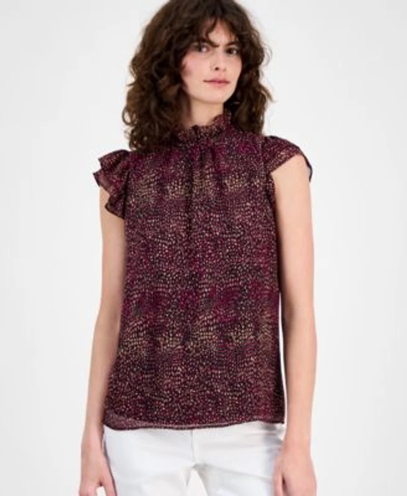 Ak Anne Klein Womens Printed Flutter Sleeve Top P Xxs Xl