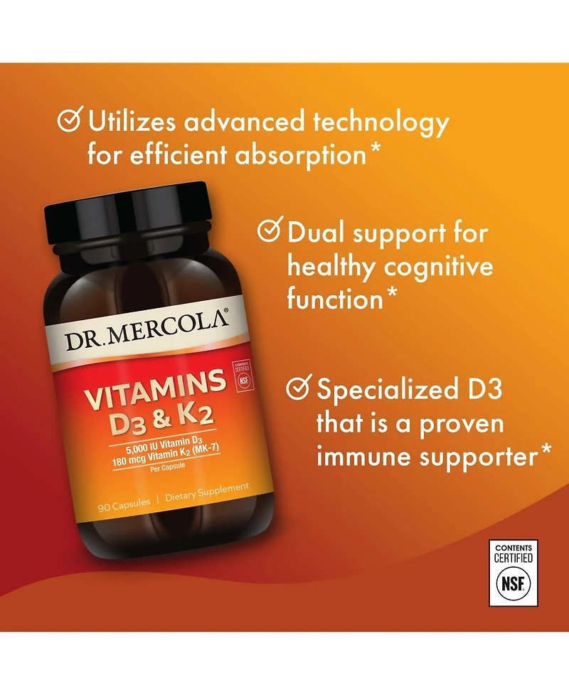 Dr. Mercola Vitamins D3 & K2, 90 Servings, Supports Immune Health