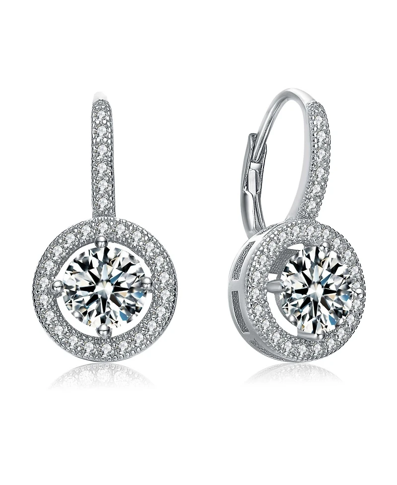 Genevive Sterling Silver White Gold Plating with Round Cubic Zirconia Drop Stud Earrings