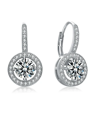 Genevive Sterling Silver White Gold Plating with Round Cubic Zirconia Drop Stud Earrings