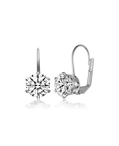Genevive Sterling Silver White Gold Plating with Clear Cubic Zirconia Classic Leverback Earrings