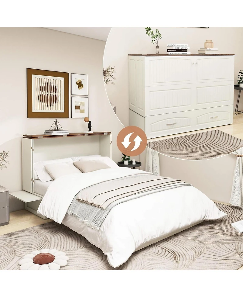 livelylodge Murphy Bed Cabinet, Queen Murphy Bed with Usb and Charging Ports, Murphy Bed Cabinet with Drawer Includes Storage Cabinet for Guest Room