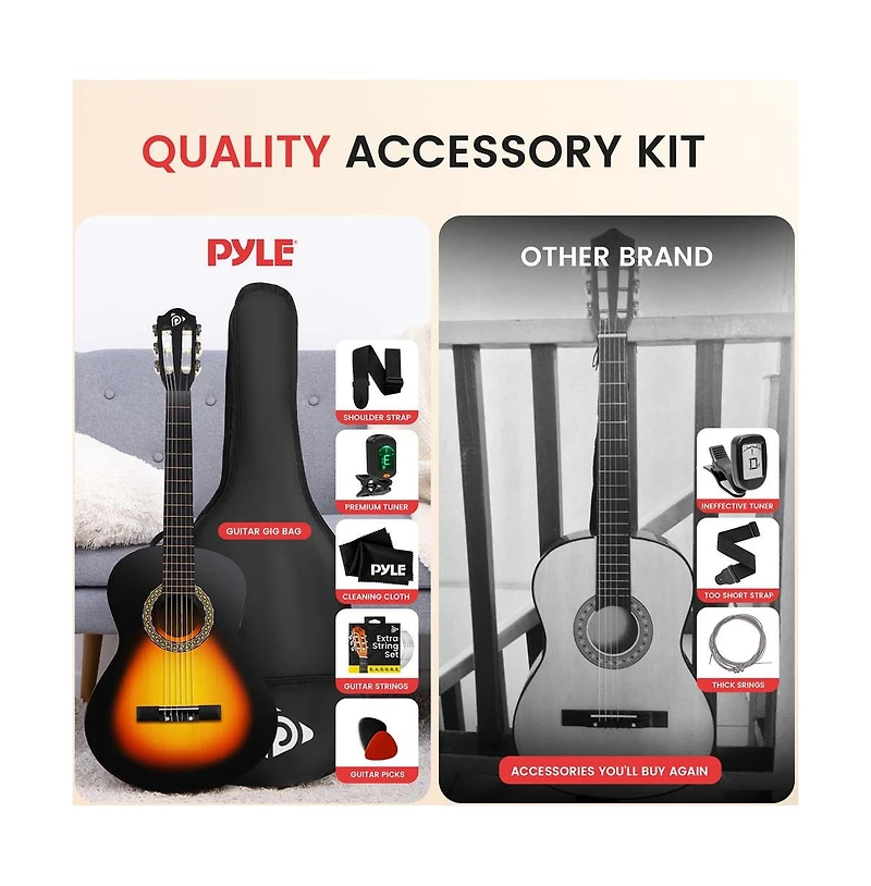 Pyle 36" 3/4 Scale Classical Guitar Kit with Digital Tuner & Accessories - Sunburst, PGACLS82SBD