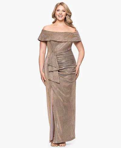 Xscape Plus Off-The-Shoulder Glitter Gown