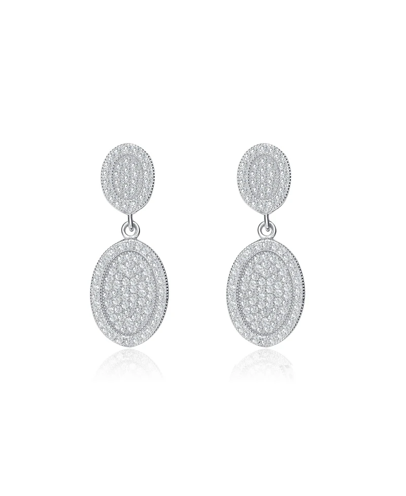 Genevive Sterling Silver White Gold Plating with Clear Cubic Zirconia Oval Drop Earrings