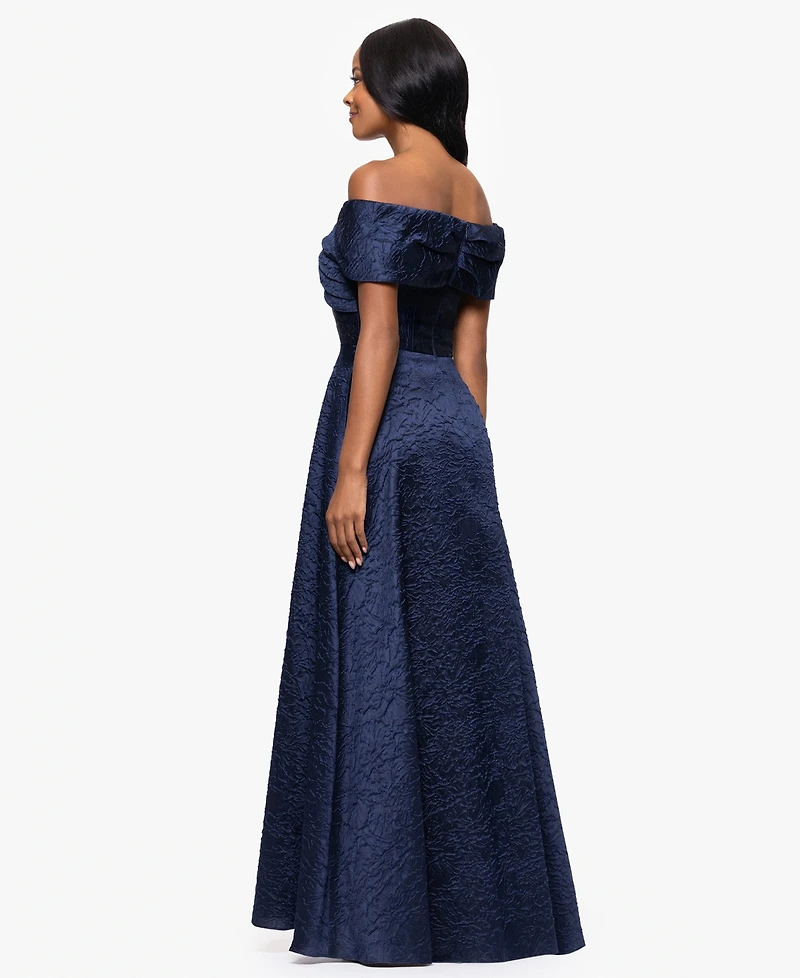 Betsy & Adam Women's Brocade Off-The-Shoulder Long A-Line Dress