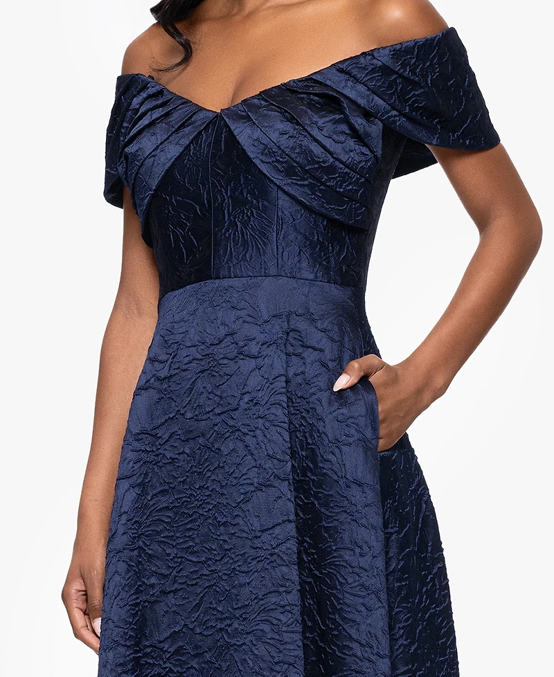 Betsy & Adam Women's Brocade Off-The-Shoulder Long A-Line Dress
