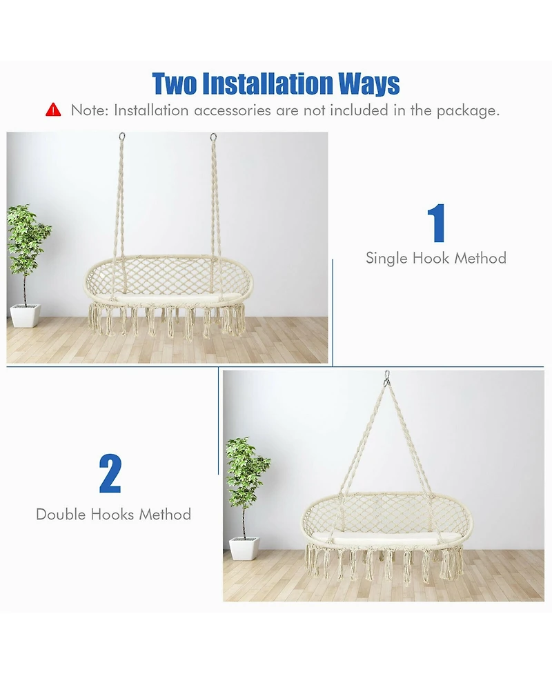 Gymax 2 Person Hanging Hammock Chair with Cushion Macrame Swing 330 lbs Capacity