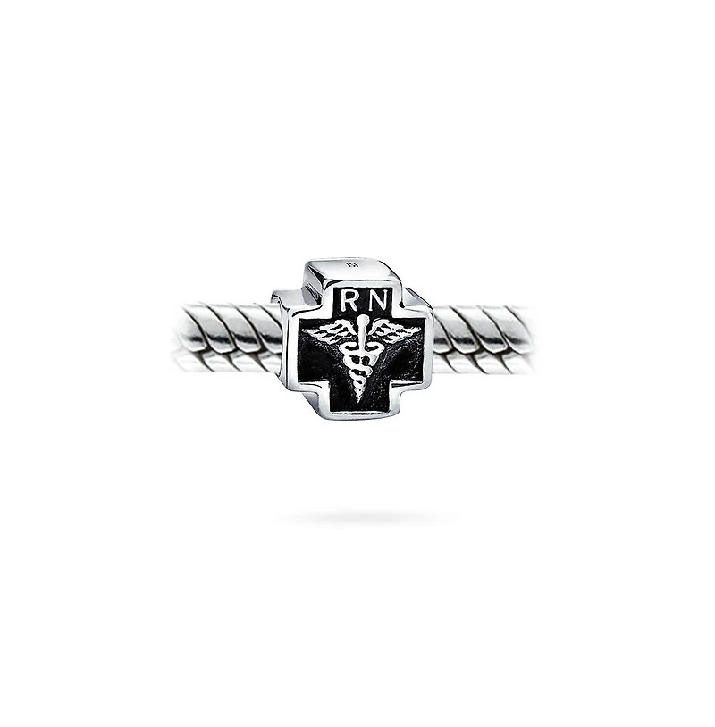 Bling Jewelry Set of 2 Nursing Rn Caduceus Cross & Nurse Hat Charm Bead Sterling Silver