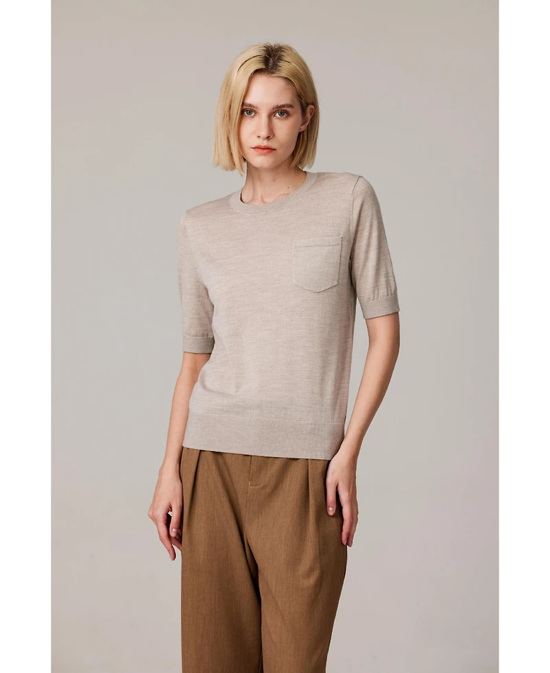 Jennie Liu Women's Tissue Weight 75% Merino Wool 25% Silk Crew Neck Short Sleeve T Shirt Sweater | Ultra Soft Machine-Washable Sweaters