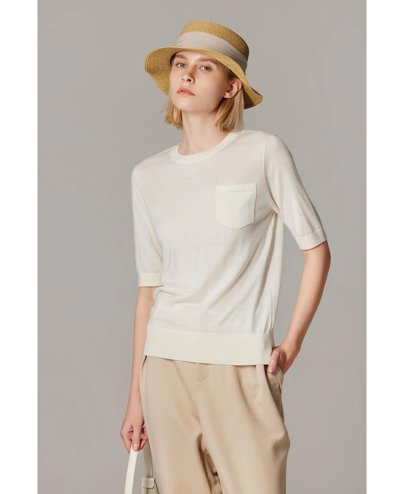 Jennie Liu Women's Tissue Weight 75% Merino Wool 25% Silk Crew Neck Short Sleeve T Shirt Sweater | Ultra Soft Machine-Washable Sweaters