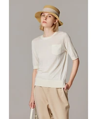 Jennie Liu Women's Tissue Weight 75% Merino Wool 25% Silk Crew Neck Short Sleeve T Shirt Sweater | Ultra Soft Machine-Washable Sweaters