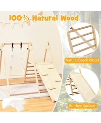 Gymax Kids 5-in-1 Indoor Playground w/ Slide Climbing Rock Adjustable Swing Wooden