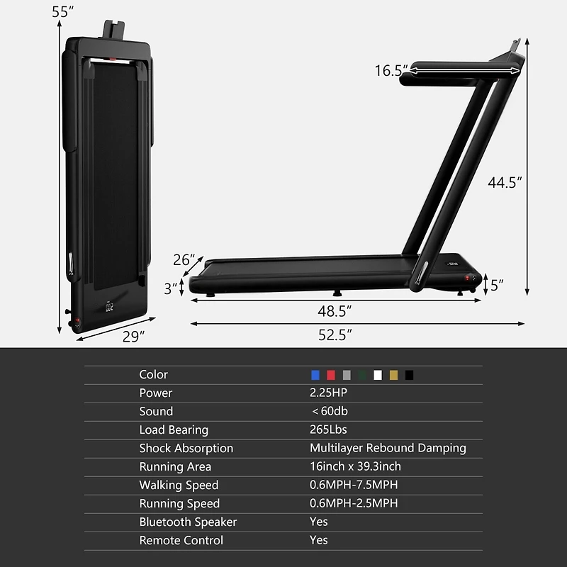 2.25HP 2 in 1 Folding Treadmill with App Speaker Remote Control