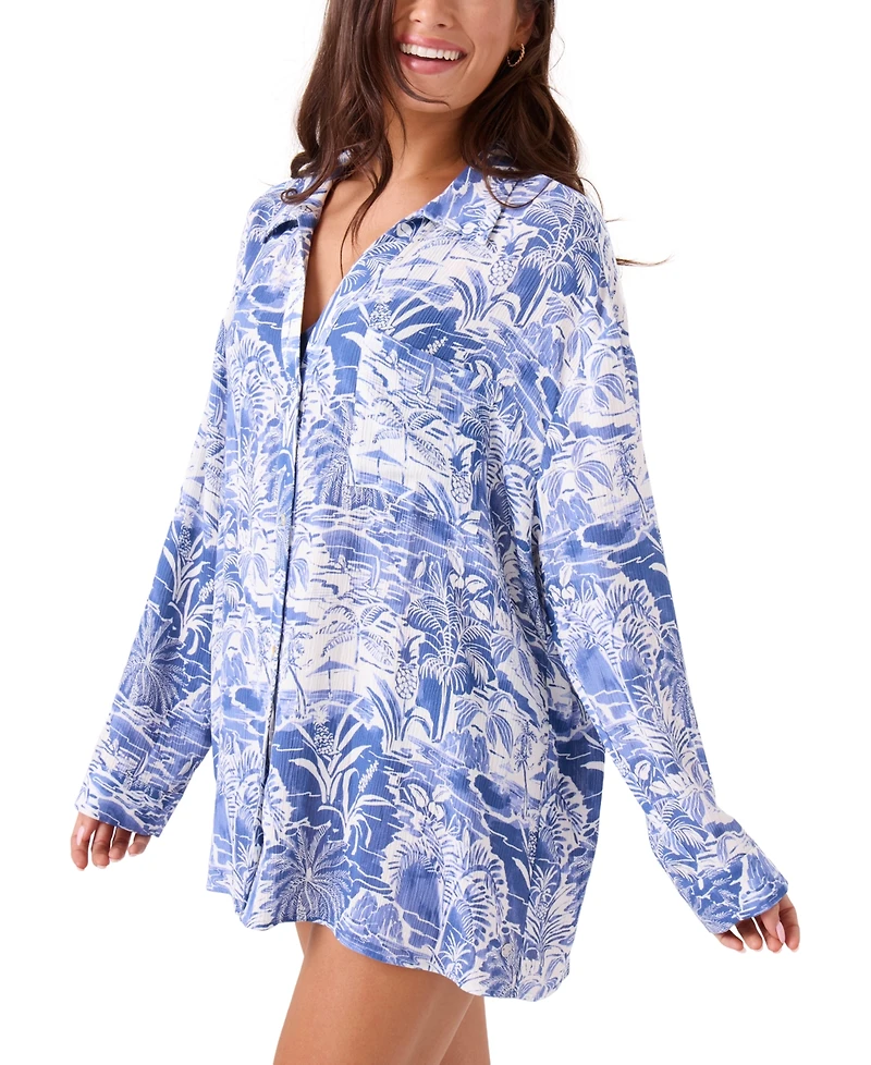 Roxy Juniors' Mana Long-Sleeve Camp Shirt Cover-Up