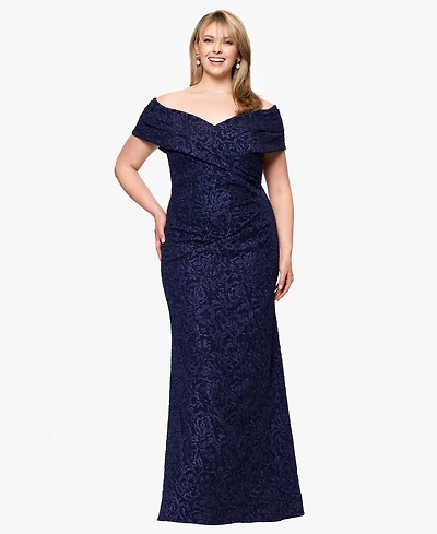 Betsy & Adam Plus Off-The-Shoulder Jacquard Dress