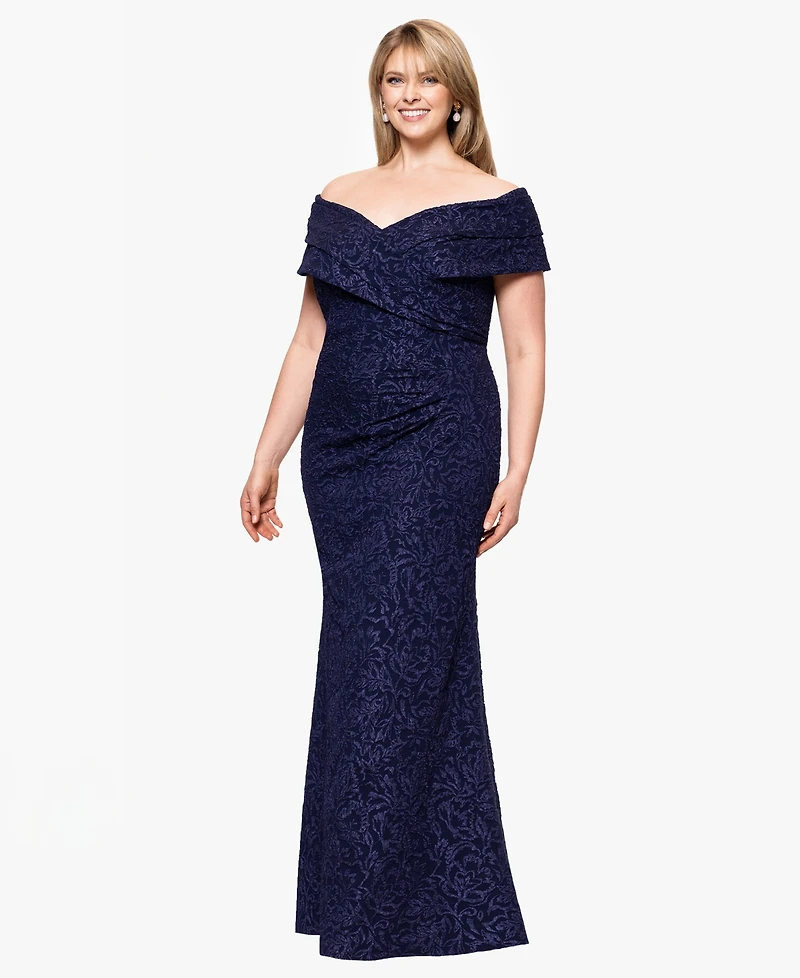 Betsy & Adam Plus Off-The-Shoulder Jacquard Dress