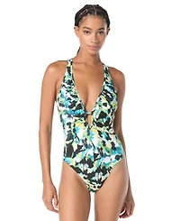 Vince Camuto Women's Printed Shirred Plunge One-Piece Swimsuit