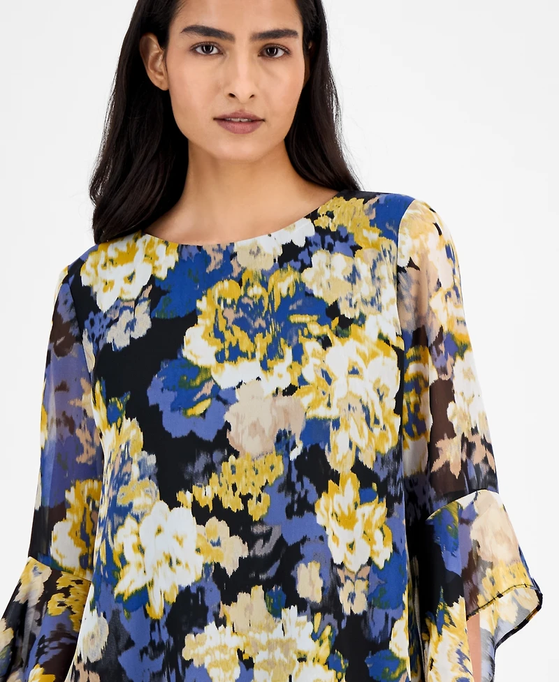 Kasper Abstract Floral-Print Bell-Sleeve Blouse, Regular & Petite