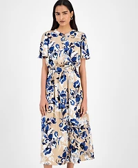 Kasper Floral-Print Tie-Waist Midi Dress, Regular & Petite