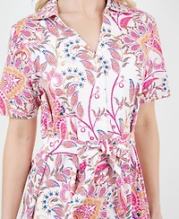 Fever Women's Button Front Tie Waist Midi Dress